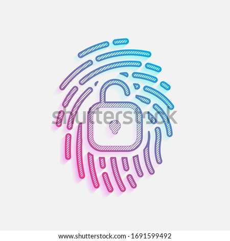 Fingerprint with open lock, personal protect, secutiry icon. Colored logo with diagonal lines and blue-red gradient. Neon graphic, light effect