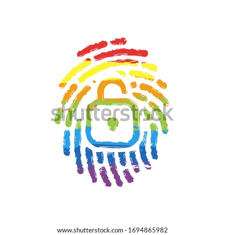 Fingerprint with open lock, personal protect, secutiry icon. Drawing sign with LGBT style, seven colors of rainbow (red, orange, yellow, green, blue, indigo, violet