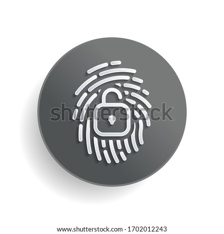 Fingerprint with open lock, personal protect, secutiry icon. White paper symbol on gray round button or badge with shadow