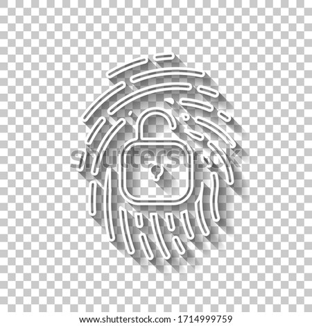 Fingerprint with open lock, personal protect, secutiry icon. White outline sign with shadow on transparent background