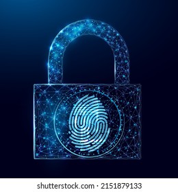 Huella digital en candado. Ciberseguridad, concepto de identificación de tecnología con bajo bloqueo de polos brillante. Diseño poligonal de marco alambrado. Ilustración vectorial.