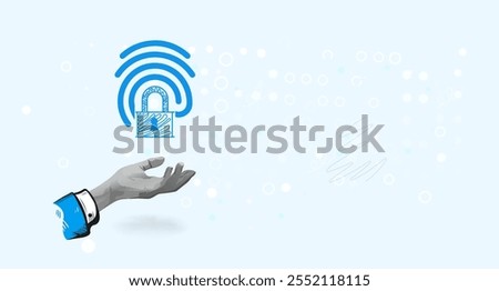 Fingerprint with padlock icon Cyber Security. Biometrics identification. Personal Data protection. Collage Art Vector illustration