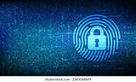 Fingerprint with padlock icon made with binary code. Personal Data protection. Cyber Security. Private secure safety. Biometrics identification. Matrix background with digits 1.0. Vector Illustration.