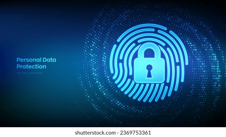 Huella digital con icono de candado hecho con código binario. Protección de datos personales. Ciberseguridad. Seguridad privada. Identificación biométrica. Secuencia de túnel virtual hecha con código digital. Vector.