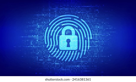 Fingerprint with padlock icon made with binary code. Personal Data protection. Cyber Security. Private secure safety. Biometrics identification. Matrix background with digits 1.0. Vector Illustration.