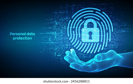 Fingerprint with padlock icon made with binary code in wireframe hand. Personal Data protection. Cyber Security. Biometrics identification. Digital background with digits 1.0. Vector Illustration.