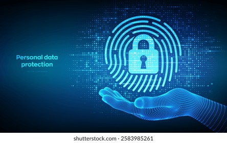 Fingerprint with padlock icon made with binary code in wireframe hand. Personal Data protection. Cyber Security. Biometrics identification. Digital background with digits 1.0. Vector Illustration.