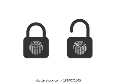 Fingerprint padlock. Fingerprint lock or unlock concept. Locked and unlocked modes. Vector illustration