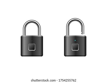 Fingerprint padlock vector illustration. Keyless USB rechargeable smart padlock design. Intelligent security lock. 3D looking EPS 10 vector design. Locked and unlocked modes with LED indicator.