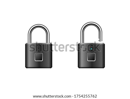 Fingerprint padlock vector illustration. Keyless USB rechargeable smart padlock design. Intelligent security lock. 3D looking EPS 10 vector design. Locked and unlocked modes with LED indicator.