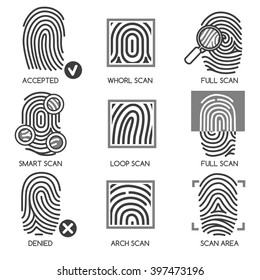 Fingerprint pass icons or thumbprint identification icons. Vector illustration