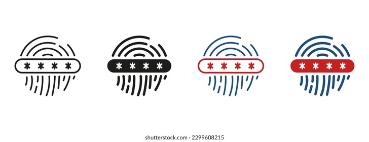 Contraseña de huella digital, Colección de símbolos de código de huella digital. Touch ID, Privacy Line y Silhouette Icon Set. Identificación biométrica única. Acceso por Finger Print Sign. Ilustración de vectores aislados.