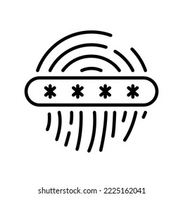 Contraseña de huella digital, icono de línea de identificación biométrica única. Signo de acceso a la impresión de dedos. Código con Asterisk, símbolo de esquema del concepto de privacidad de ID táctil. Stroke editable. Ilustración de vectores aislados.