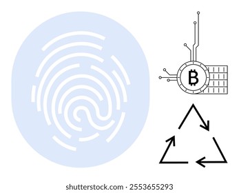 Fingerprint pattern with blue background and a Bitcoin circuit symbol next to a recycling triangle. Ideal for technology, blockchain, security, digital identity, and sustainability themes. Simple