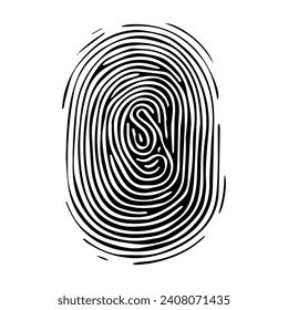 Fingerprint pattern, clear lines and swirls. Human thumbprint. Icon, pictogram, logo. Black and white illustration. Vector isolated on white background. Security concept.