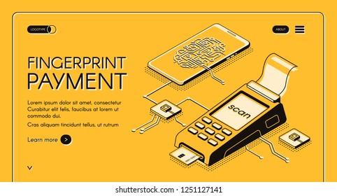 Fingerprint payment service isometric vector web banner with digital chip, fingerprint and credit card scanner line art illustration. Innovative biometrics technologies business startup landing page