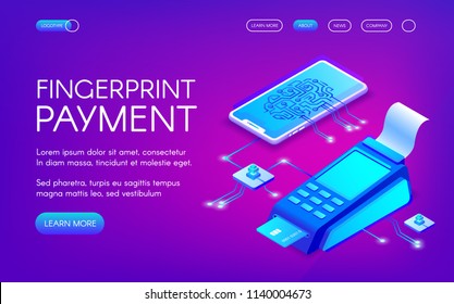 Fingerprint payment vector illustration of secure payment technology with personal authentication. Smartphone and credit card POS terminal for purchase transaction on purple ultraviolet background