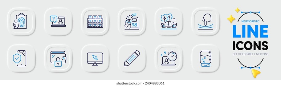 Fingerprint, Petrol station and Boxes shelf line icons for web app. Pack of Pencil, Timer, Elastic pictogram icons. Wallet, Phone insurance, Water cooler signs. Pickup, Faq, Internet. Vector