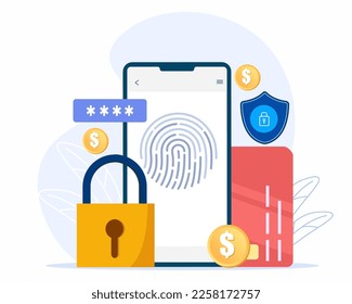 fingerprint phone password with padlock icon for secure data, access data via finger print, user authorization, login protection