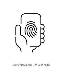 Fingerabdruck-geschütztes Benutzerprofil. Smartphone in der Hand. Pixel-perfektes Symbol