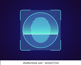 Fingerprint recognition. Biometric scanning system for finger, holographic interface of person identification. Fingerprint ID technology. System recognition and verification. Vector illustration