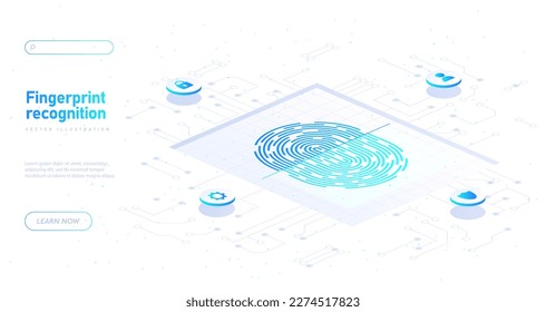 Concepto de reconocimiento de huellas digitales. Identificación, protección de datos personales. Ingresa a tu cuenta o perfil. Control de acceso biométrico. Escaneo táctil digital. Ilustración vectorial isométrica de dibujos animados