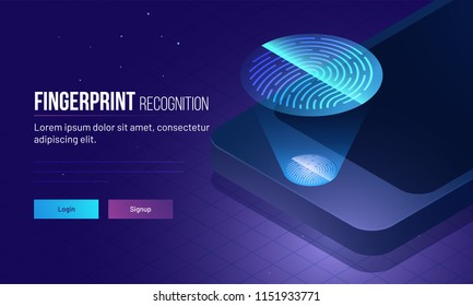 Fingerprint Recognition concept, login or sign up page with isometric illustration of smartphone with fingerprint scanner. Responsive web template design.