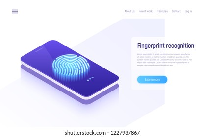 Fingerprint recognition, data protection, secure access, user identification isometric concept. Vector illustration.