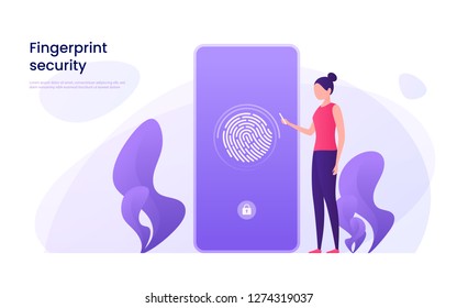 Fingerprint recognition, data protection, secure access, user identification concept. Vector illustration.