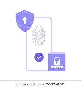 Reconocimiento De Huellas Dactilares Con Elementos De Seguridad Digital En Ilustración vectorial Plana Que Simbolizan El Acceso Biométrico, La Protección De Datos Y La Seguridad En Línea, Aislados Sobre Fondo Blanco.