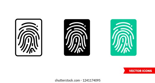 Fingerprint recognition icon of 3 types: color, black and white, outline. Isolated vector sign symbol.