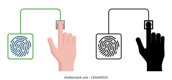 Fingerprint recognition on touch-ID scanner. Color and black icon. Vector flat illustration.