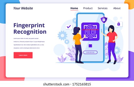 Fingerprint recognition technology concept. Women trying to access her mobile phone with biometric access control. modern flat landing page design for website and mobile website. Vector illustration Fingerprint recognition technology concept. Women trying to access her mobile phone with biometric access control. modern flat landing page design for website and mobile website. Vector illustration