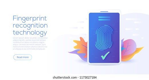 Fingerprint recognition technology in flat vector illustration. Smartphone id security system concept. Finger touch scanner app. Web landing page template.