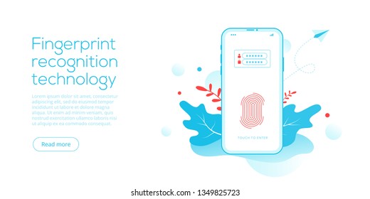 Fingerprint recognition technology in flat vector illustration. Smartphone id security system concept. Finger touch scanner app. Web landing page template.