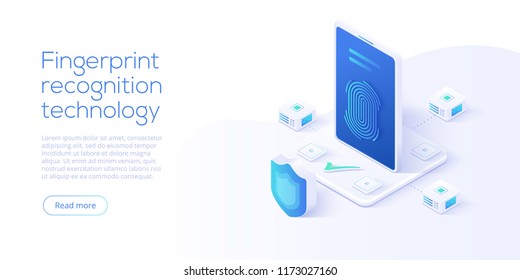 Fingerprint recognition technology in isometric vector illustration. Smartphone id security system concept. Finger touch scanner app. Web landing page template.