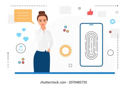tecnología de reconocimiento de huellas dactilares, protección del gadget contra la intrusión. Teléfono con sistema de confirmación de usuario, seguridad de datos, diseño de vector plano