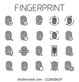 Fingerprint related vector icon set. Well-crafted sign in thin line style with editable stroke. Vector symbols isolated on a white background. Simple pictograms.