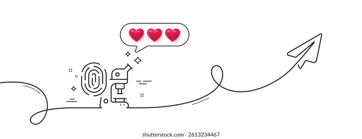 Fingerprint research line icon. Continuous line with share plane. Microscope investigation sign. Biometric identity symbol. Hearts rate review in speech bubble. Vector