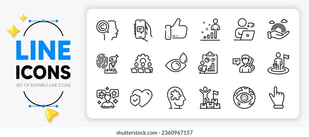 Fingerprint research, Report and Cyber attack line icons set for app include Writer, Like, Leadership outline thin icon. Lgbt, Chat app, Delivery man pictogram icon. Social media, People. Vector