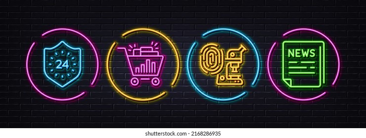 Fingerprint research, Seo shopping and 24 hours minimal line icons. Neon laser 3d lights. Fake news icons. For web, application, printing. Lab microscope, Analytics, Protection. Vector