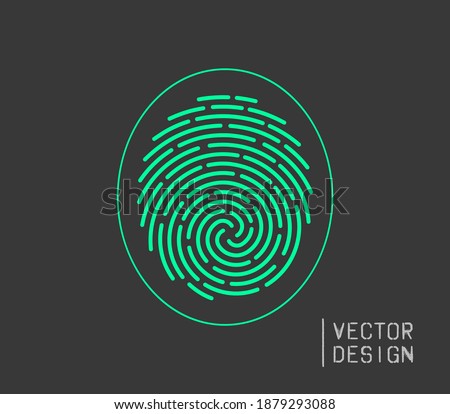 Fingerprint of rounded green spiral lines with a frame, silhouette, icon, logo. Vector design element on an isolated dark background.