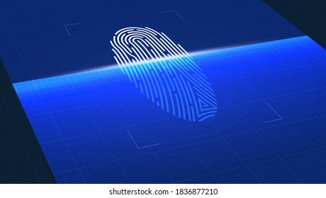 Escaneo de huellas digitales. Identificación de acceso a la seguridad biométrica. Control digital. Concepto de seguridad e identidad mediante huellas dactilares. Ilustración vectorial 3d.