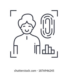 Fingerprint scan concept icon, linear isolated illustration, thin line vector, web design sign, outline concept symbol with editable stroke on white background.