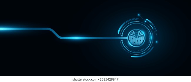 Fingerprint scan with digital HUD circle. Glowing computer circuit board. Biometric data security. Futuristic touch screen button for user interface design. Vector illustration. EPS 10.