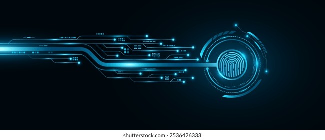 Escaneo de huellas dactilares con círculo HUD futurista y placa de circuito de computadora brillante. Seguridad de datos biométricos. Botón de pantalla táctil de alta tecnología para el diseño de la interfaz de usuario. Ilustración vectorial. EPS 10.