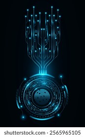 Fingerprint scan with futuristic HUD circle. Glowing computer circuit board with electronics details. Biometric data security. User interface design. Vector illustration. EPS 10