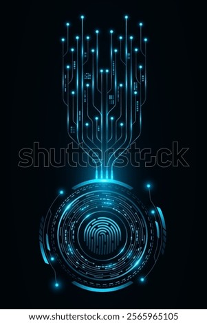 Fingerprint scan with futuristic HUD circle. Glowing computer circuit board with electronics details. Biometric data security. User interface design. Vector illustration. EPS 10