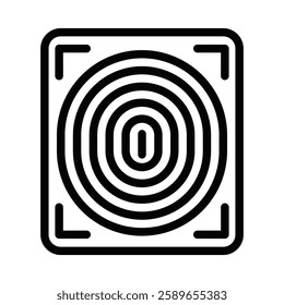 Fingerprint scan icon with concentric lines, black outline. Editable stroke.