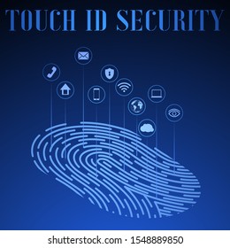 Fingerprint scan icon, iot mobile smartphone technology ecosystem app. Security touch id system vector illustration. Biometric ID interface, protect, identification data digital authorization